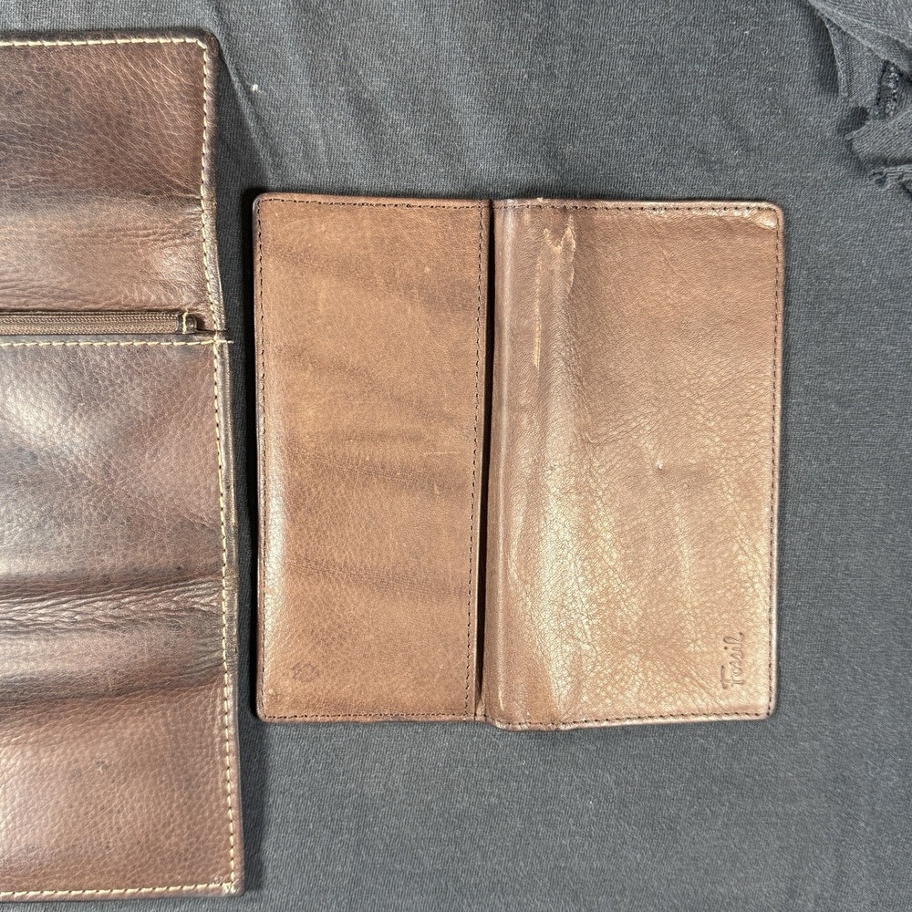 Fossil Trifold Wallet Snap Closure Organizer Brown‎ Leather Zippered Pocket - Picture 6 of 7